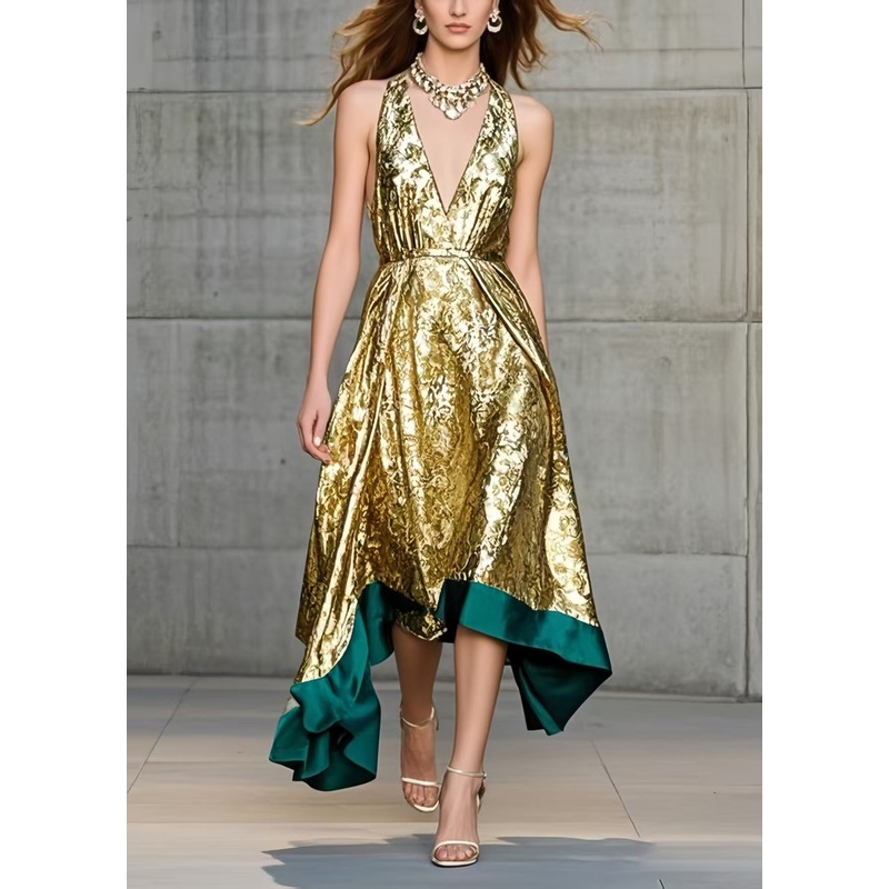 Elegant Golden Jacquard Exra Large Hem Halter Dress Summer