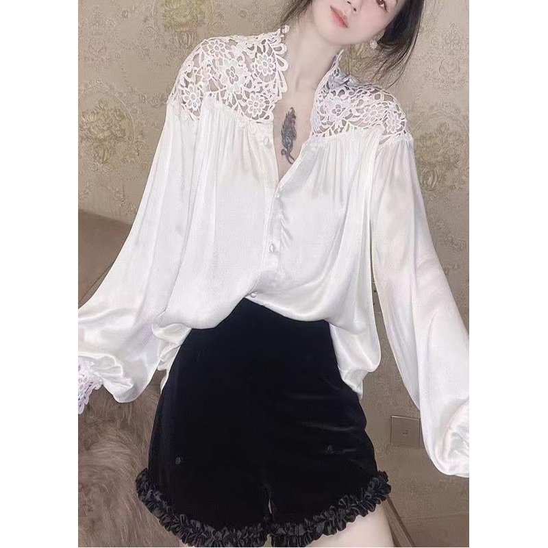 Elegant White Oversized Patchwork Lace Blouse Tops Summer