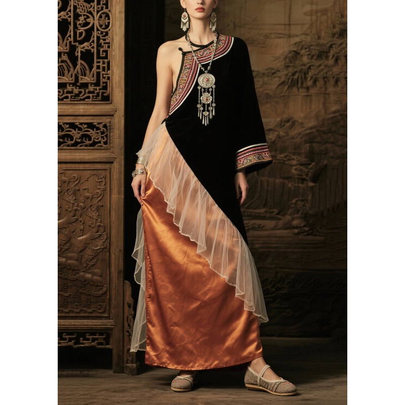 Ethnic Style Black Asymmetrical Patchwork Silk One Shoulder Dress Summer