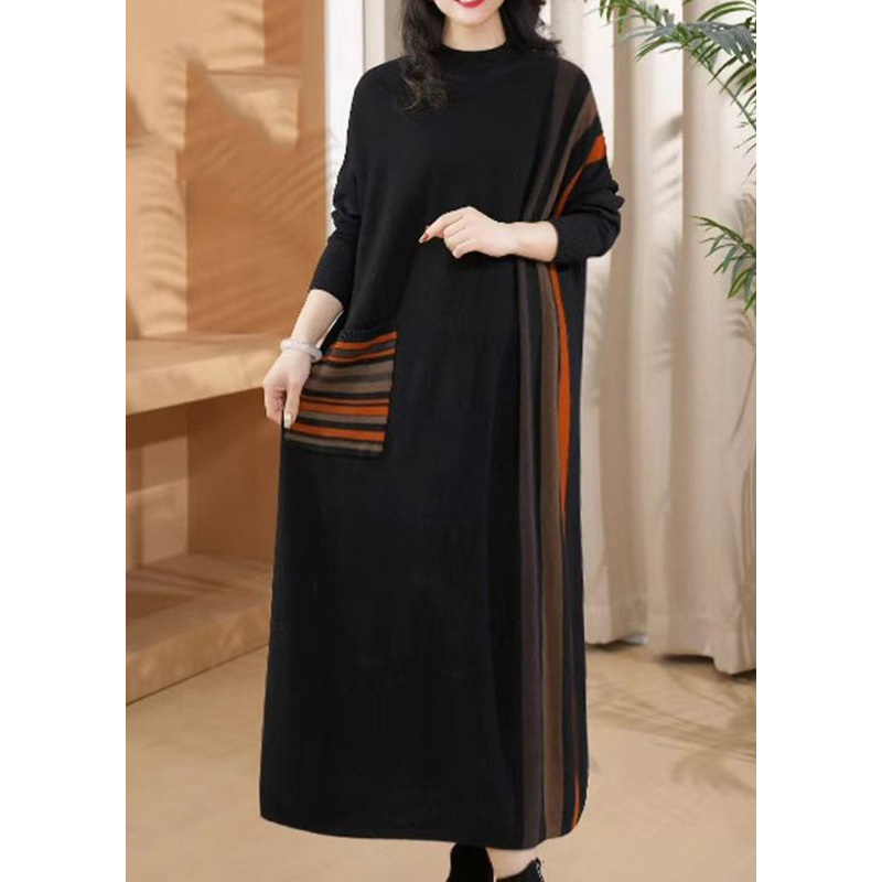Fashion Black O-Neck Striped Patchwork Thick Cotton Knit Long Dress Winter