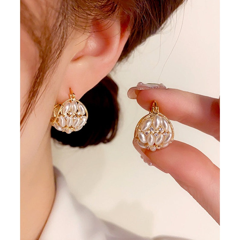 Fashion Gold Copper Zircon Pearl Flower Basket Hoop Earrings