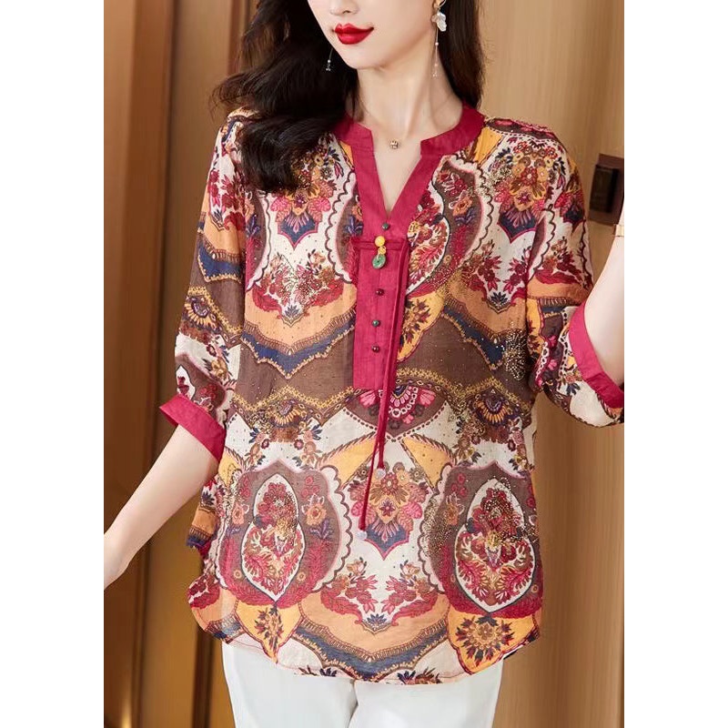 Fashion Red Tasseled Print Cotton Blouse Tops Half Sleeve