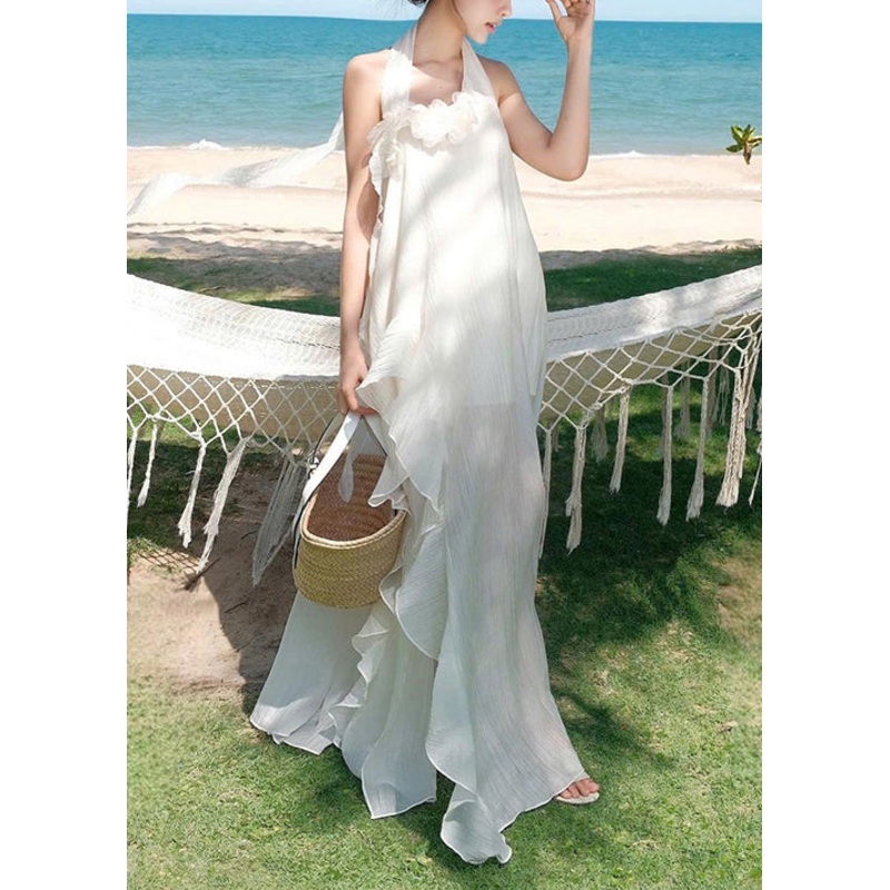 Fashion White Ruffled Asymmetrical Patchwork Cotton Dresses Sleeveless