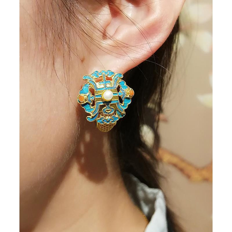 Fine Blue Ancient Gold Cloisonne Pearl Hoop Earrings