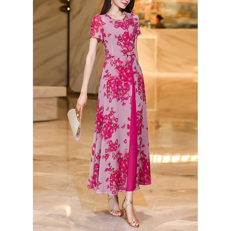 Fine Rose O Neck Print Patchwork Chiffon Dress Summer