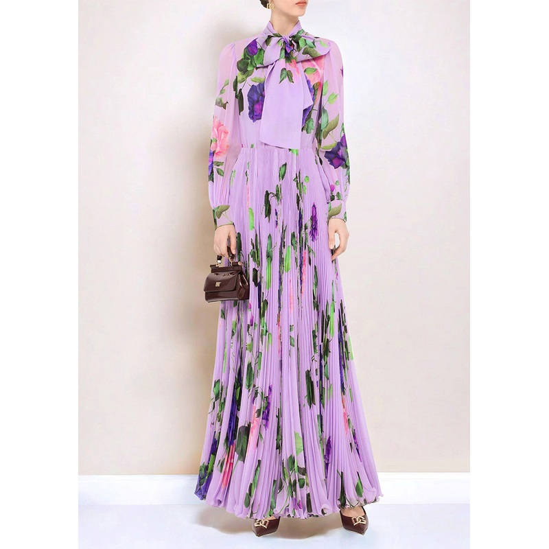 Fitted Purple V Neck Print Lace Up Wrinkled Silk Maxi Dresses Spring