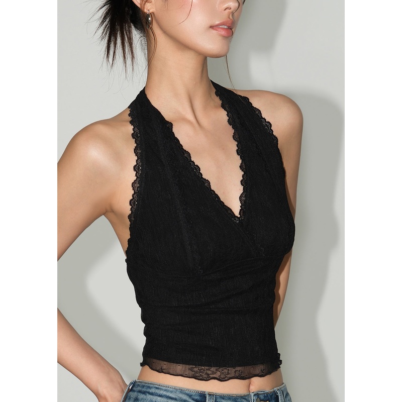 French Black V Neck Backless Lace Halter Tank Top Sleeveless