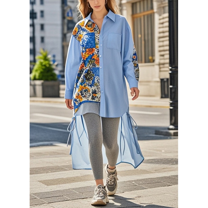French Blue Asymmetrical Print Cotton Shirt Dress Spring
