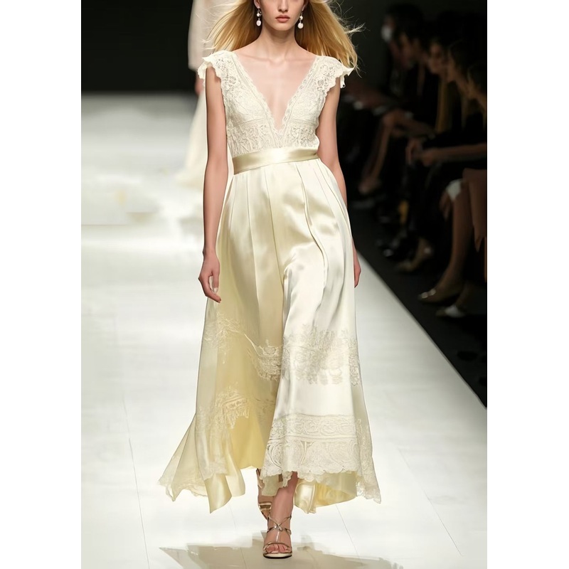 French Champagne Jacquard Fine Silk Maxi Dresses Sleeveless