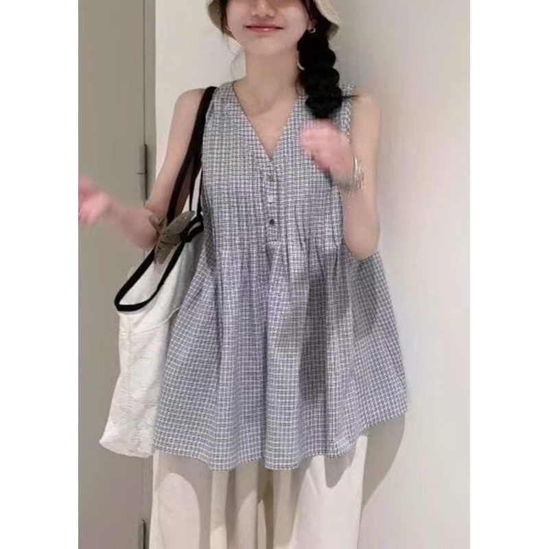 French Plaid Wrinkled Cotton Shirts V Neck Sleeveless