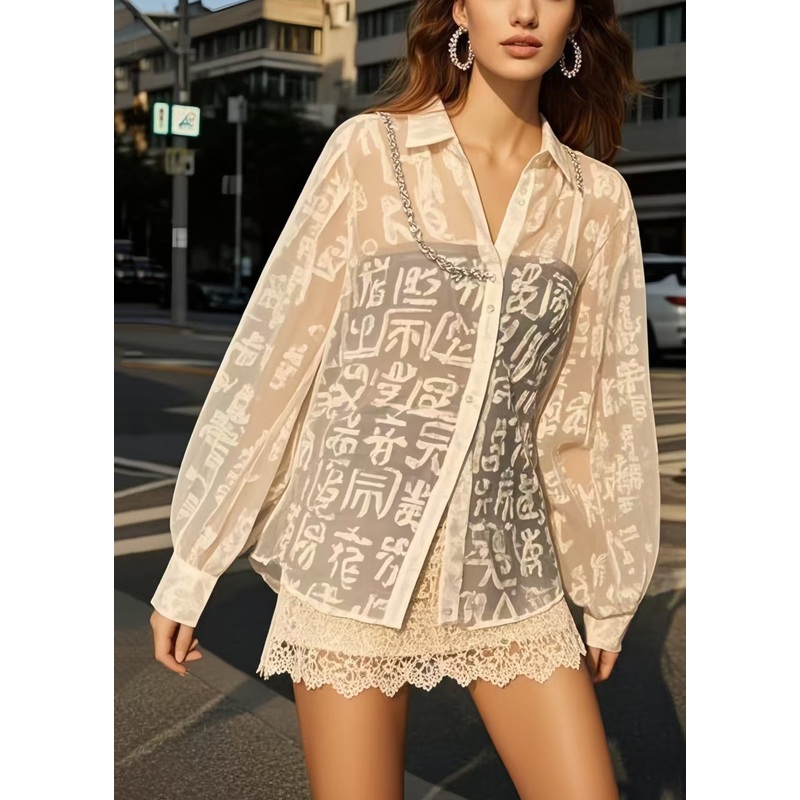 French White Print Chiffon UPF 50+ Blouses Spring