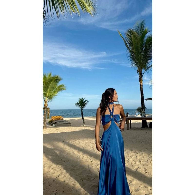 Halter A Line Satin Blue Prom Dress Formal Party Wedding Guest Dress J6436