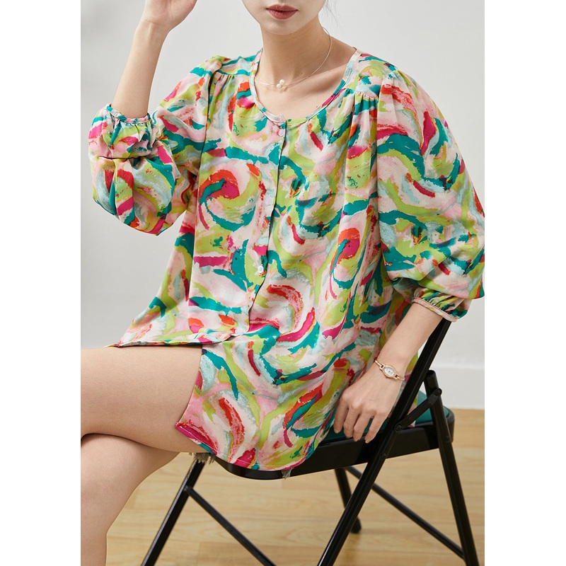 Handmade Khaki Oversized Print Chiffon Blouses Spring