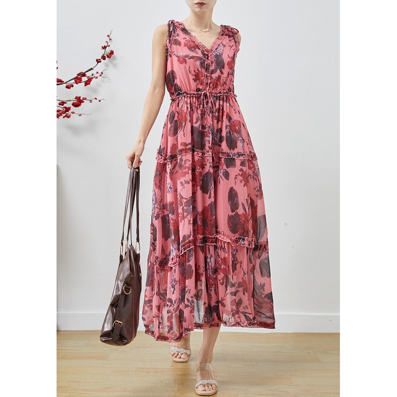 Handmade Red Ruffled Print Chiffon Long Dress Sleeveless