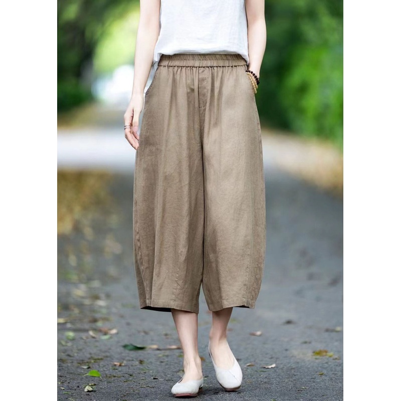 Khaki Linen Crop Pants Oversized Pockets Summer