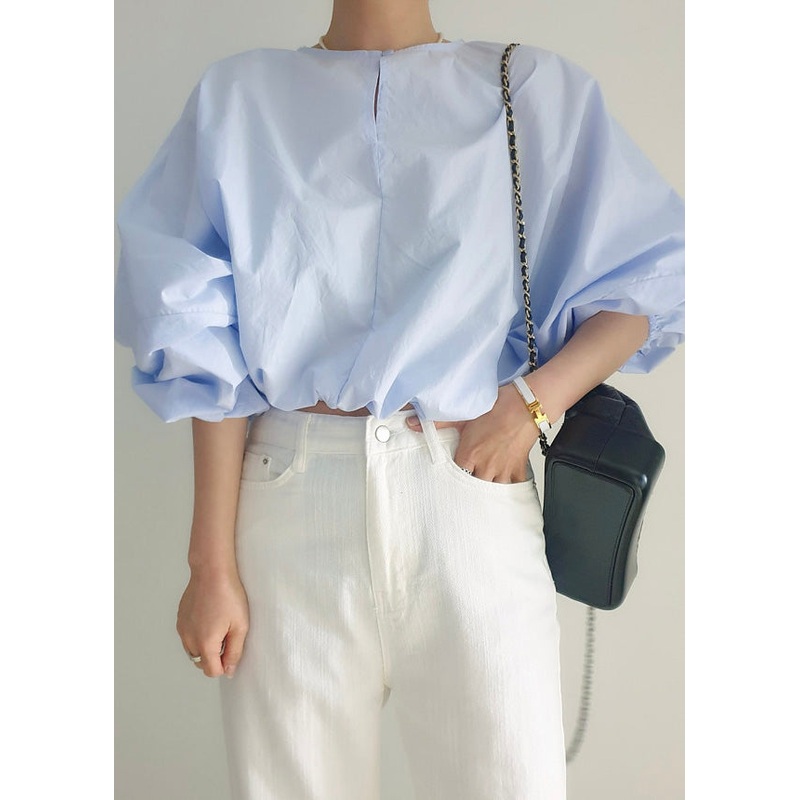 Light Blue Hollow Out Loose Shirts O-Neck Puff Sleeve