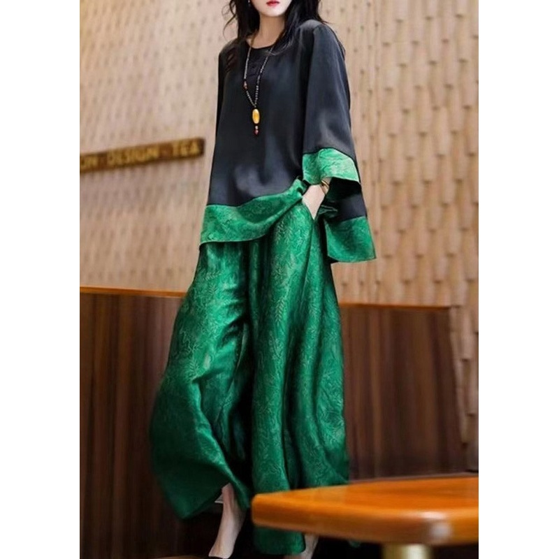 Loose Black O Neck Tops And Green Pants Patchwork Silk Two Pieces Set Fall