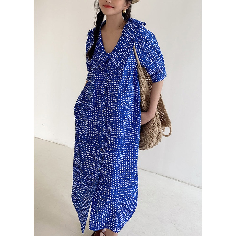 Loose Blue Button Print Pockets Cotton Shirts Dress Summer