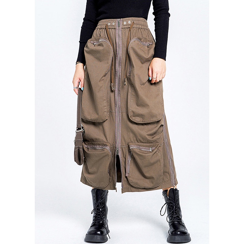 Loose Brown Zippered Pockets Elastic Waist Cotton Skirt Summer