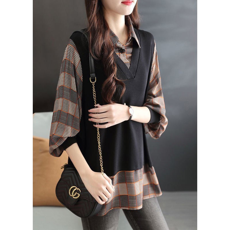 Loose Coffee Peter Pan Collar Plaid Fake Two Pieces Shirt Spring