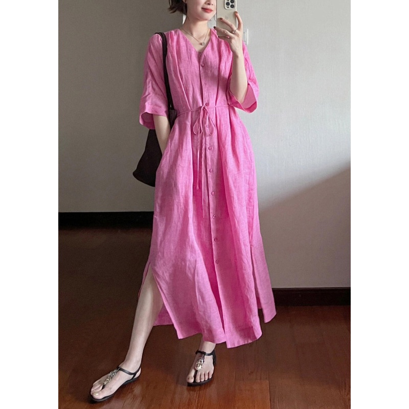 Loose Rose V Neck Button Cotton Long Dresses Summer