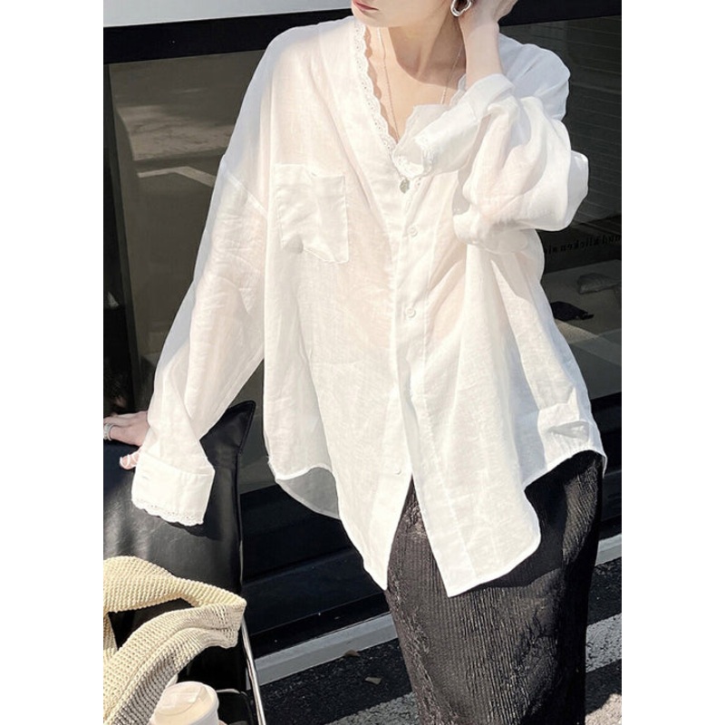 Loose White Button Low High Design Thin Silk Cotton Shirt Summer