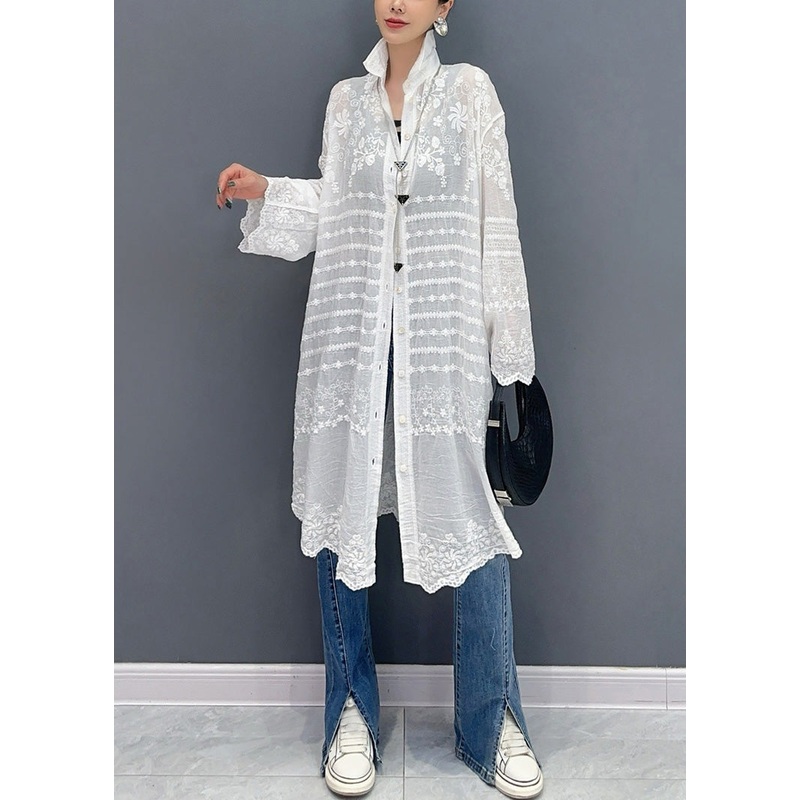 Loose White Embroidered Button Cotton Long Shirt Summer