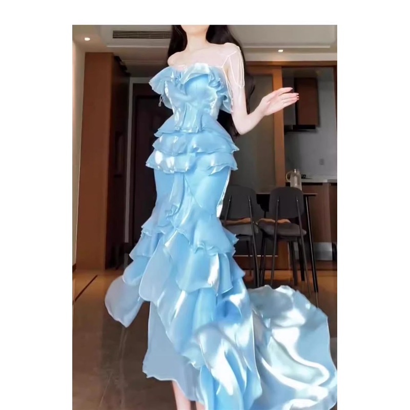 Mermaid Strapless Sky Blue Ruffles Long Prom Dress J5971