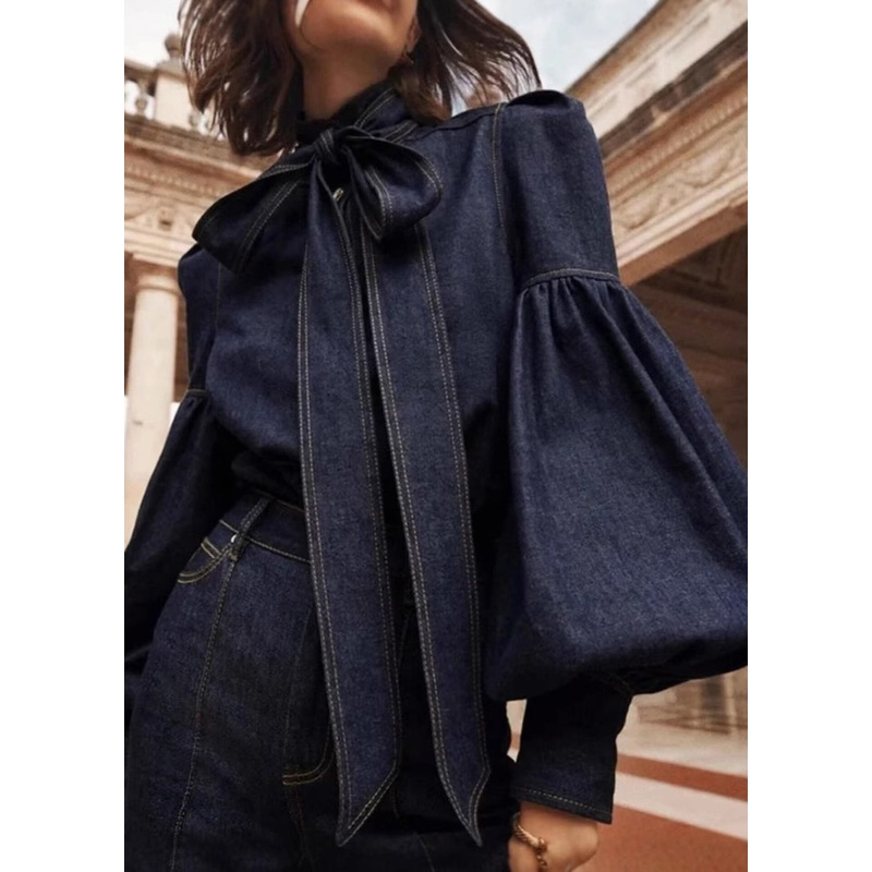 Natural Dark Blue Stand Collar Bow Patchwork Denim Shirt Spring