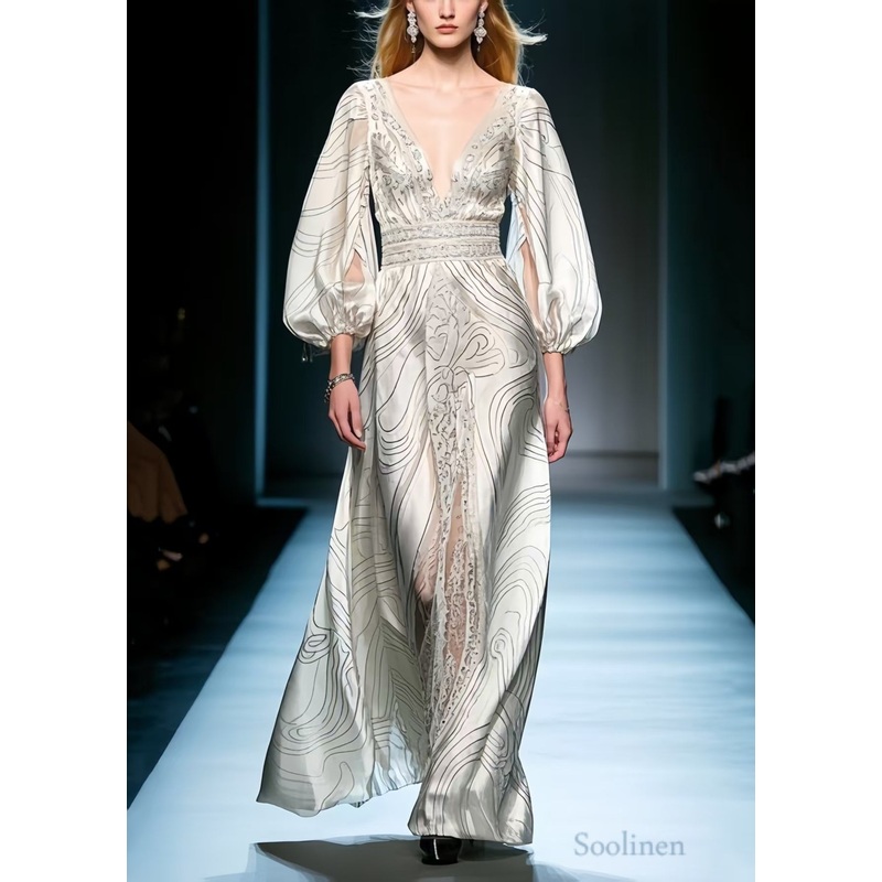 Natural White V Neck Print Silk Vacation Dresses Lantern Sleeve