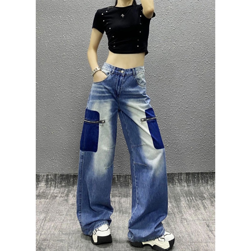 New Blue Zip Up Pockets Patchwork Denim Wide Leg Pants Spring