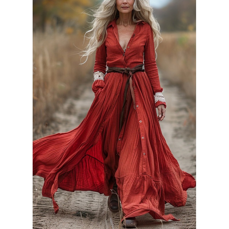 New Red Button Wrinkled Patchwork Cotton Maxi Dress Long Sleeve
