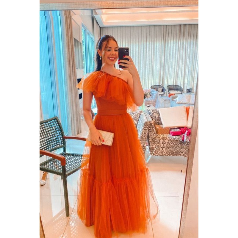 One Shoulder Orange Long Prom Dress Tulle Formal Party Gown J3713