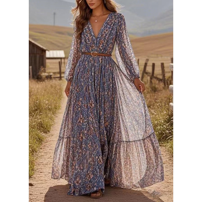 Organic Blue V Neck Tunic Chiffon Long Dresses Lantern Sleeve