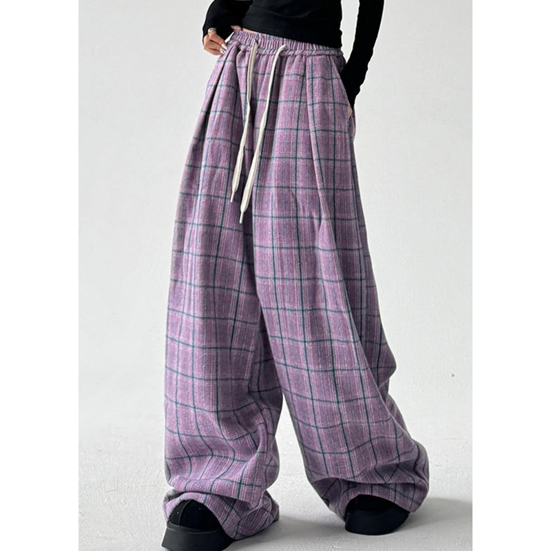 Organic Purple Pockets Plaid Drawstring Straight Pants Spring