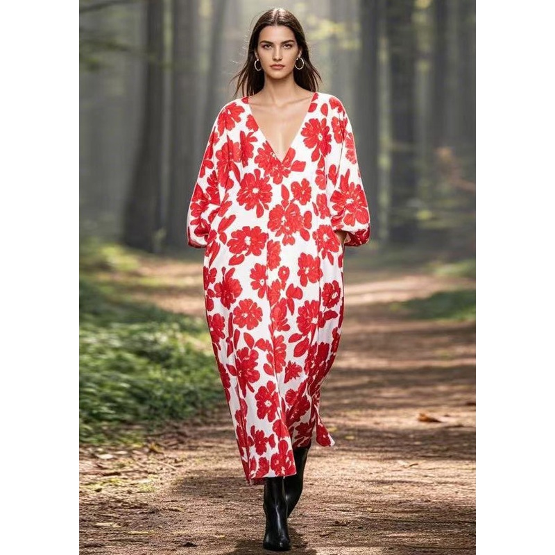 Plus Size Red V Neck Print Pockets Silk Long Dresses Spring