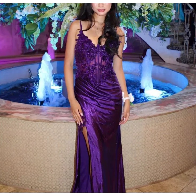 Purple Satin Evening Dress Applique Slit Long Prom Dress J4932