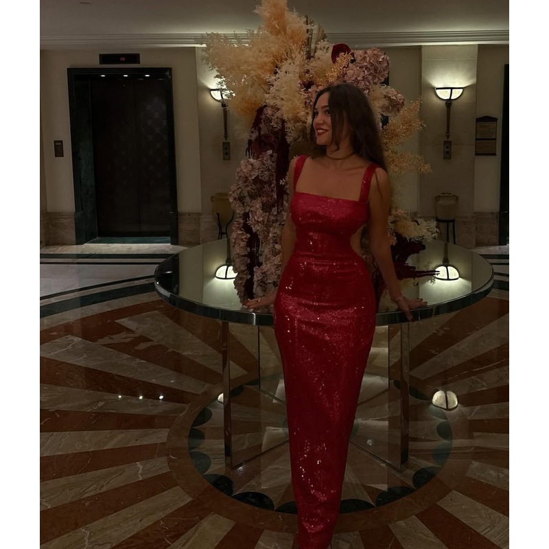 Red Sequin Long Prom Dress Backless Evening Dress J7953
