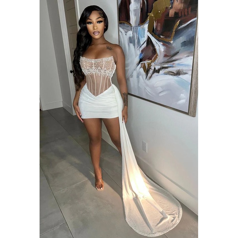 See-through Strapless Short Homecoming Dress White Birthday Dress J3473