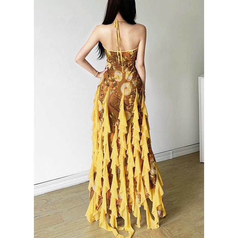 Sexy Yellow Ruffled Print Front Open Tulle Dress Sleeveless