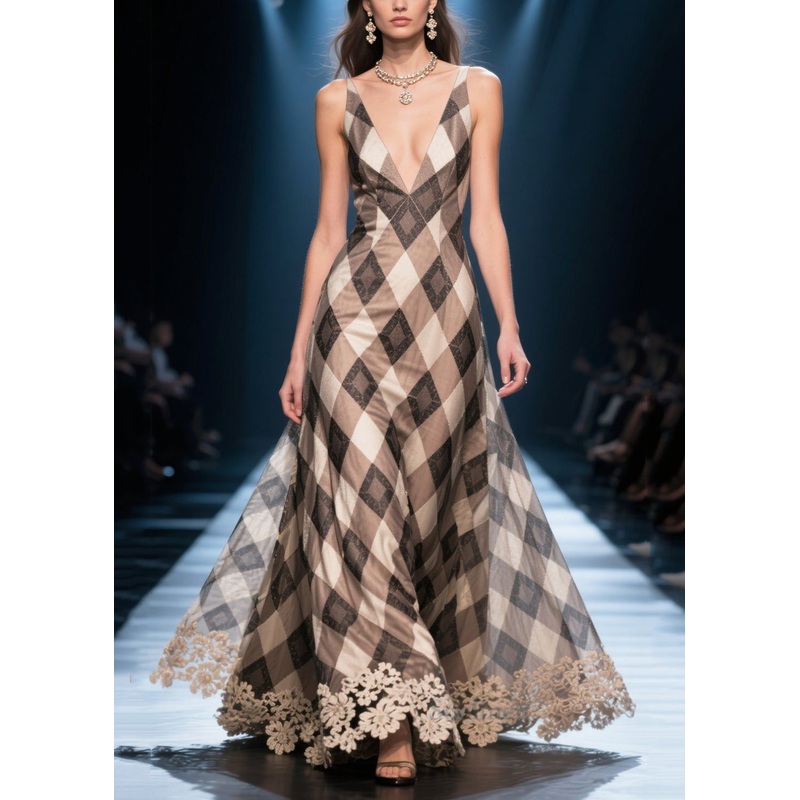 Silm Fit Khaki Plaid Patchwork Lace Chiffon Dress Summer