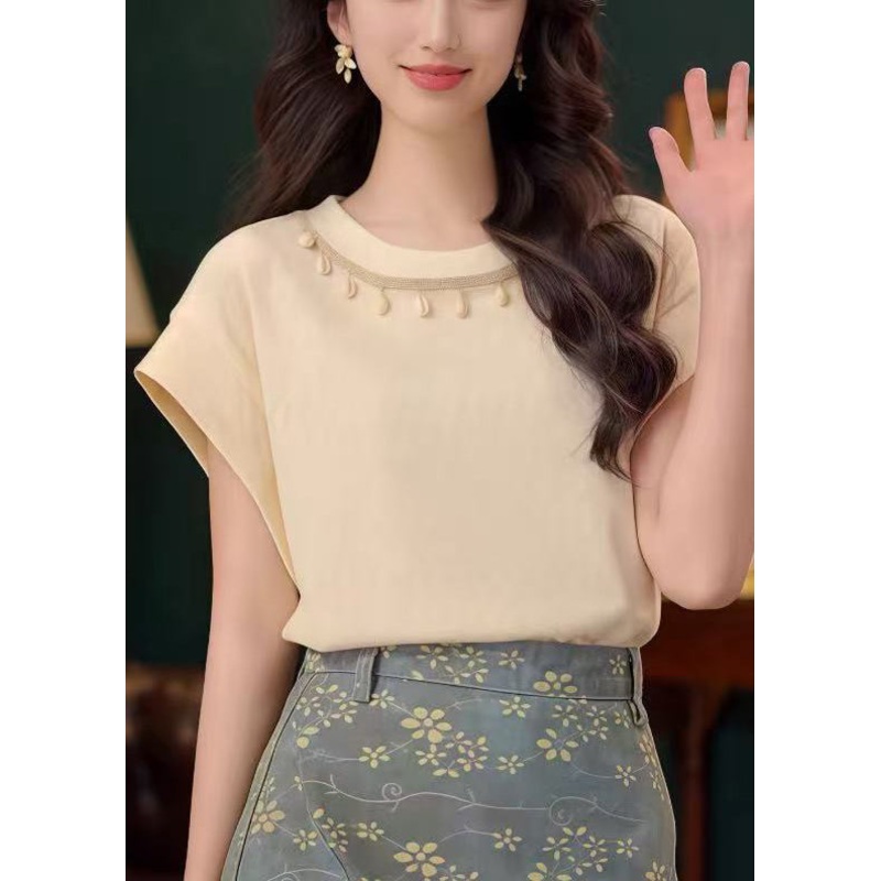 Simple Apricot O Neck Solid Cotton T Shirts Summer