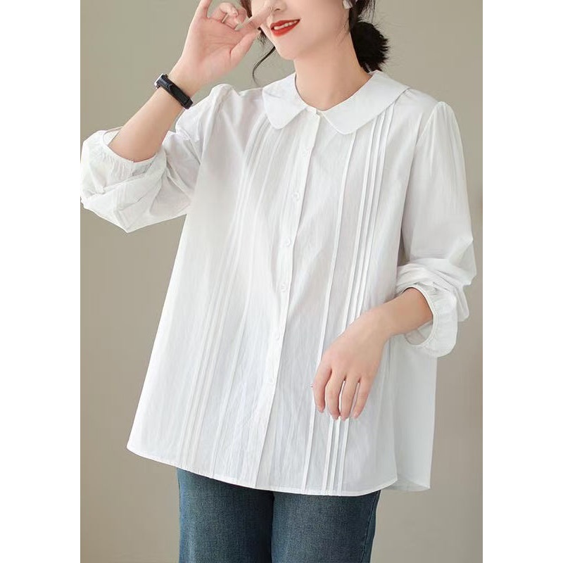 Simple White Peter Pan Collar Wrinkled Cotton Shirt Spring