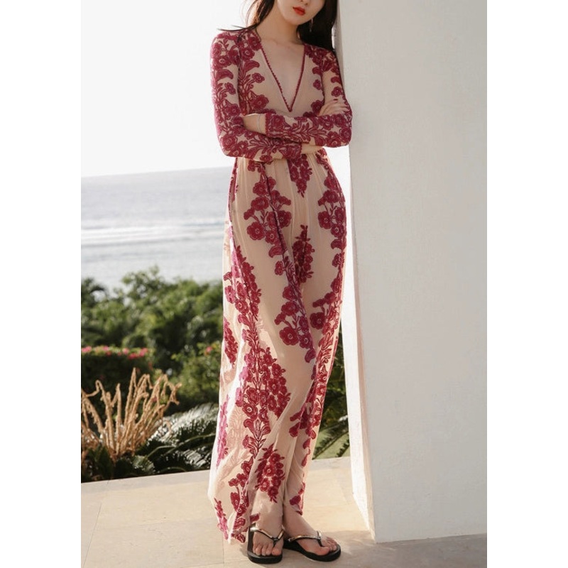 Slim Fit Red Embroidered High Waist Tulle Maxi Dresses Spring