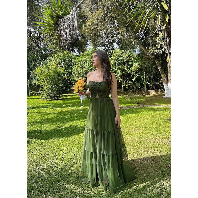 Strapless A Line Green Wedding Guest Dress Chiffon Prom Dress J7759