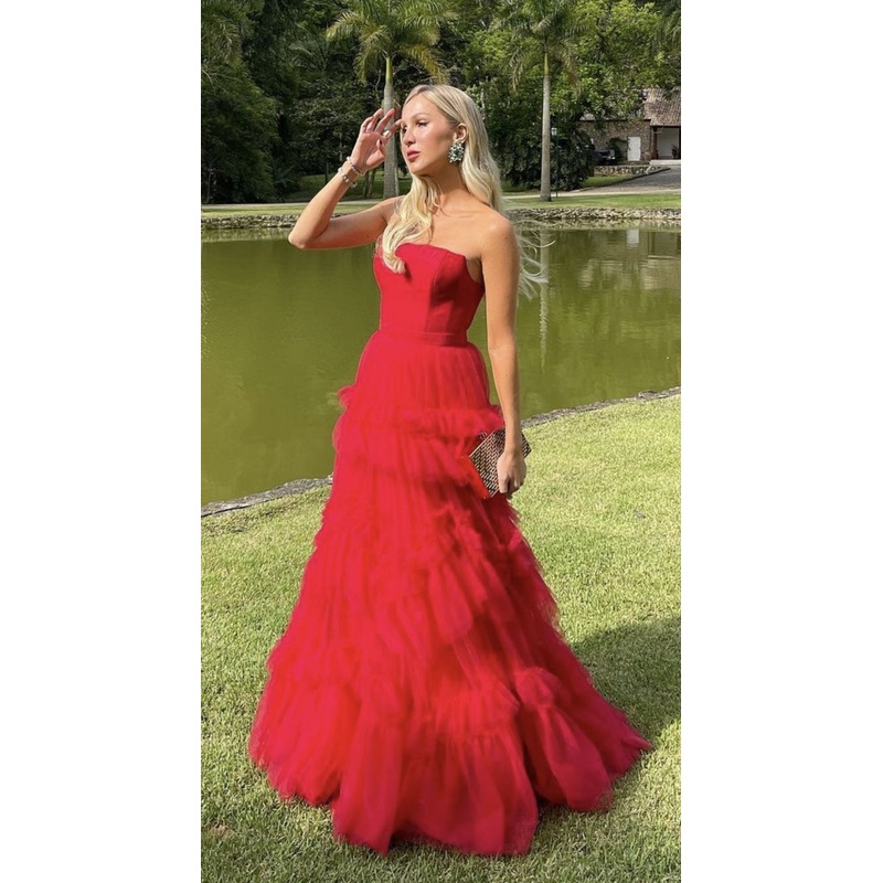 Strapless Red A Line Long Prom Dress Tulle Formal Dress J5270