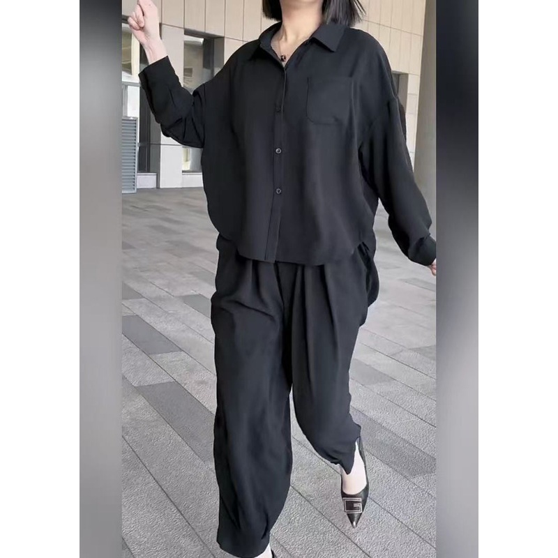 Style Black Peter Pan Collar Oversized Cotton Two Piece Set Outfits Summer