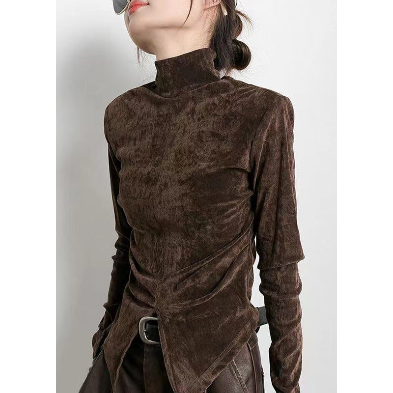 Style Brown Stand Collar Side Open Velour Tops Spring
