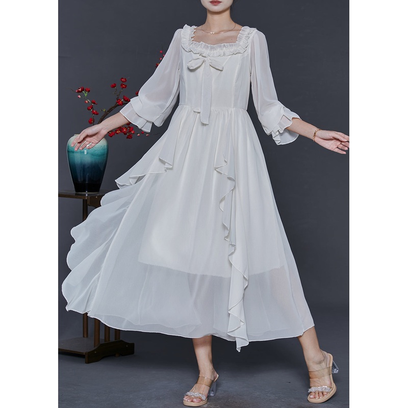 Style White Square Collar Ruffled Chiffon Long Dresses Spring