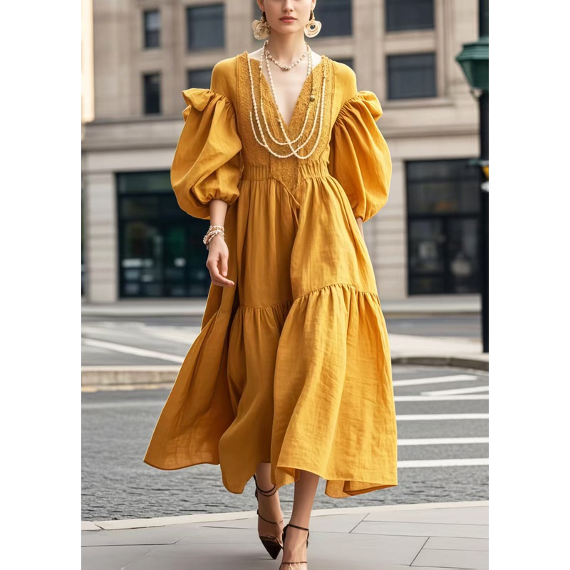 Style Yellow V Neck Silm Fit Vestidos Dress Lantern Sleeve